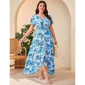Plus Size 2X Blue Floral V-Neck Dress w/ Button Detail Hanky Hem